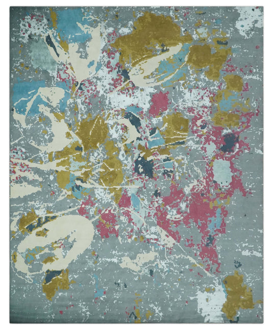 Colorful Abstract Gray, Olive, Ivory and Pink Hand Knotted 10x14 and 12x15 ft Bedroom, Living Room Rug Wool Area Rug