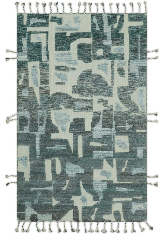Modern Abstract Patten Ivory, Charcoal And Gray Hand Knotted 5x8 ft Bedroom, Living Room Rug Wool Area Rug