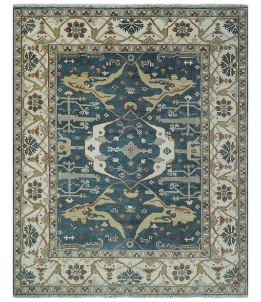 Traditional Oriental Oushak Hand knotted Dark Blue and Beige 8x10 ft Bedroom, Living Room Rug ,wool Area Rug