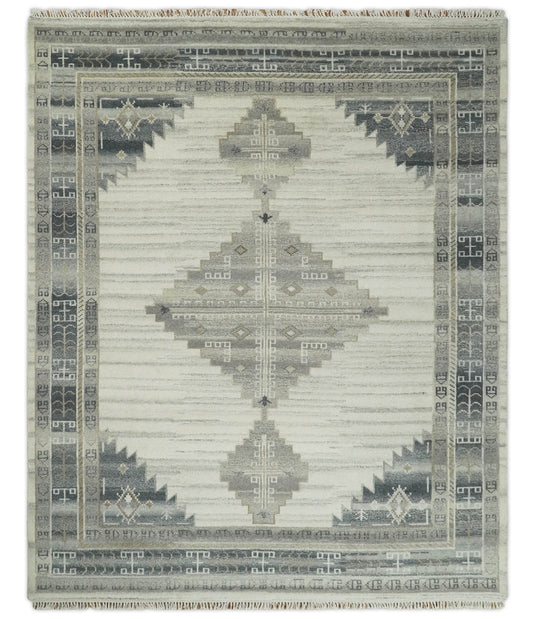 Traditional Ivory, Charcoal and Gray Hand knotted 8x10 ft wool Area Rug