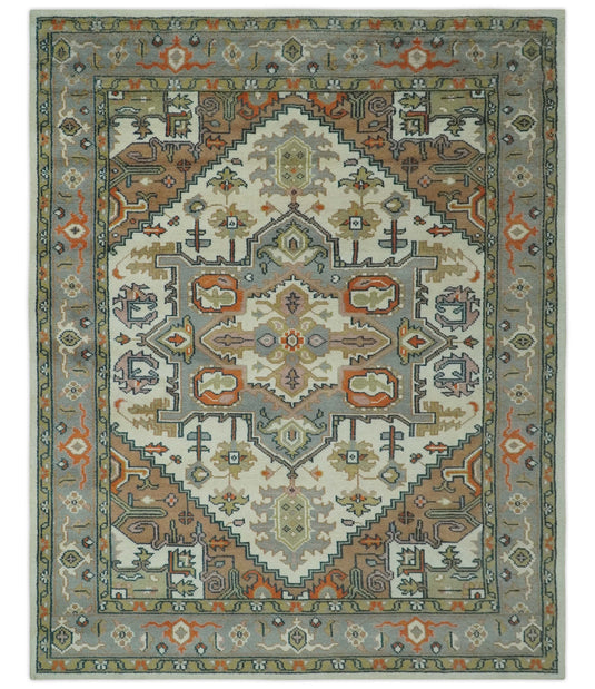 Traditional Medallion Pattern Ivory, Brown, Gray and Olive Hand Knotted 8x10 ft wool Area Rug