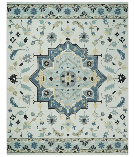 Central Medallion Ivory, Blue And Gray Hand Tufted Wool Area Rug- (FC)