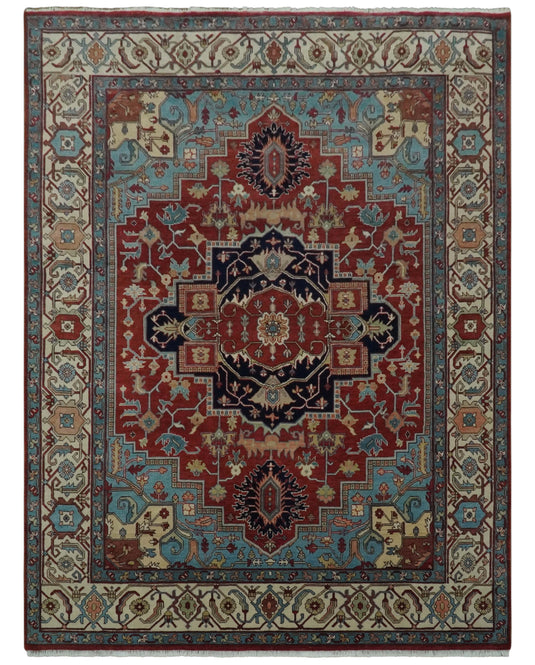 Hand Knotted Aqua, Ivory And Rust Traditional Wool Rug 9x12 ft Ideal for Living, Bedroom And Dining Rooms | CP2472912