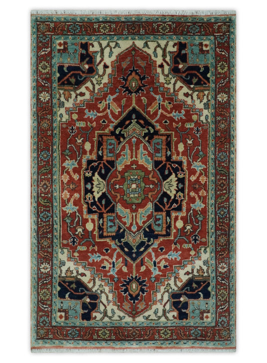 Persian Hand knotted Rust, Charcoal and Ivory 2x3, 3x5 and 4x6 Heriz Serapi wool Area Rug