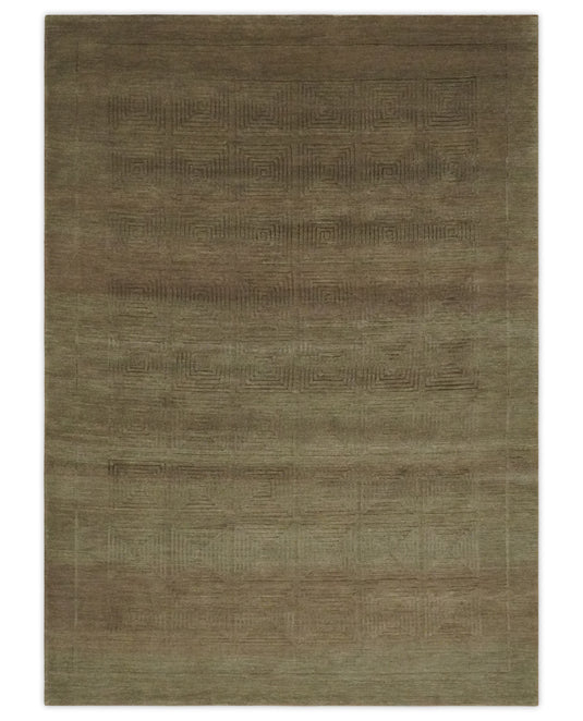 Modern Geometrical Pattern Handloom Brown and Olive 5x7 ft Bedroom, Living Room Rug , Wool, Art Silk Area Rug AAOC657