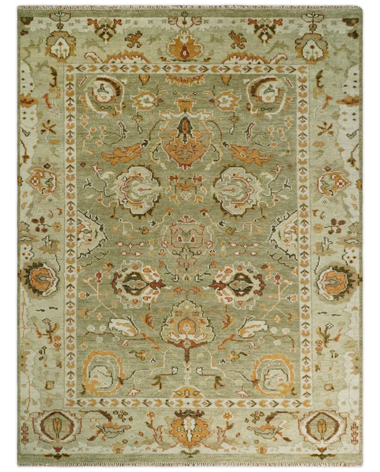 Traditional Vintage Persian Hand Knotted Oushak Rug Green and beige Multi Size Ideal for Living, Bedroom, and Dining Rooms | CP618
