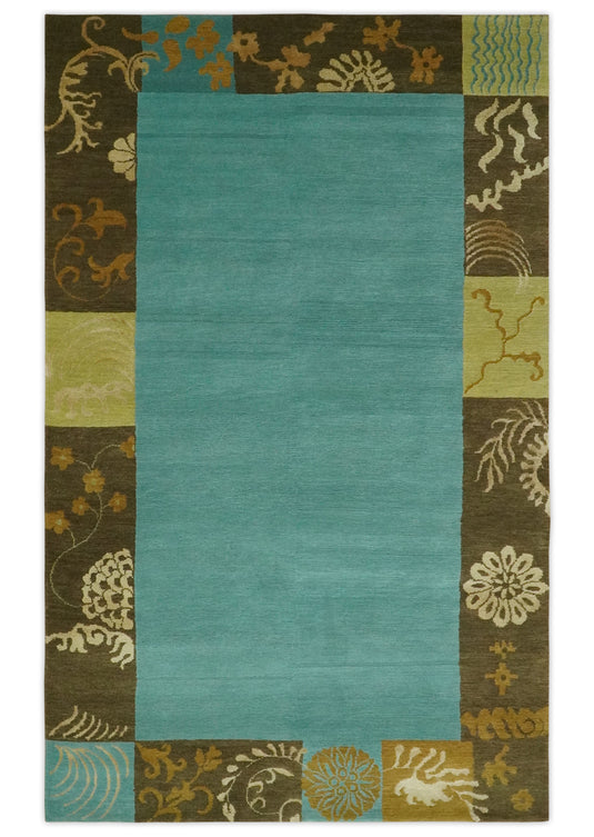 Traditional Floral Border Pattern Hand knotted Aqua Green and Brown 5x8 ft Bedroom, Living Room Rug , Wool Silk Area Rug AAOC358