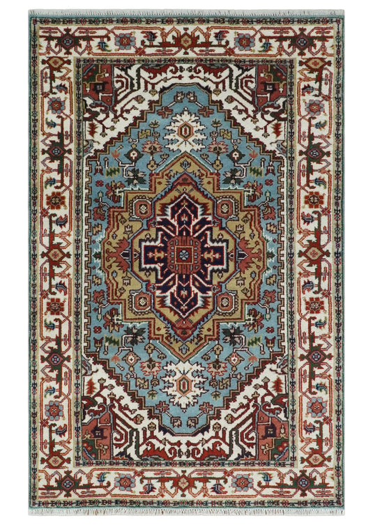 Hand Knotted Heriz Serapi Rug Aqua Blue, Ivory and Rust 5x8, 4x6, 3x5 ft Ideal for Living, Bedroom, and Dining Rooms | CP1880S