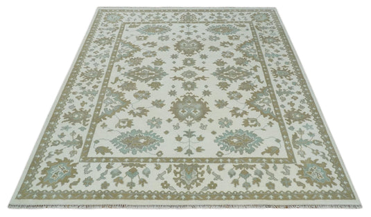 Traditional Persian Oushak Hand knotted Ivory, Beige and Aqua 8x10 wool Area Rug