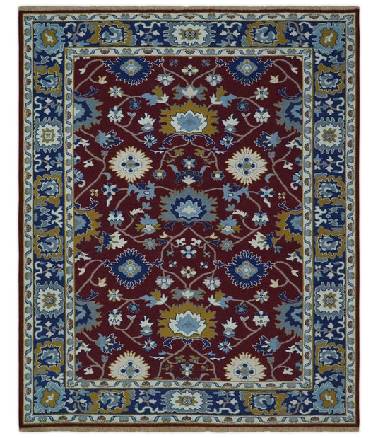 Traditional Oriental Oushak Hand knotted Maroon and Blue 8x10 ft Bedroom, Living Room Rug ,wool Area Rug