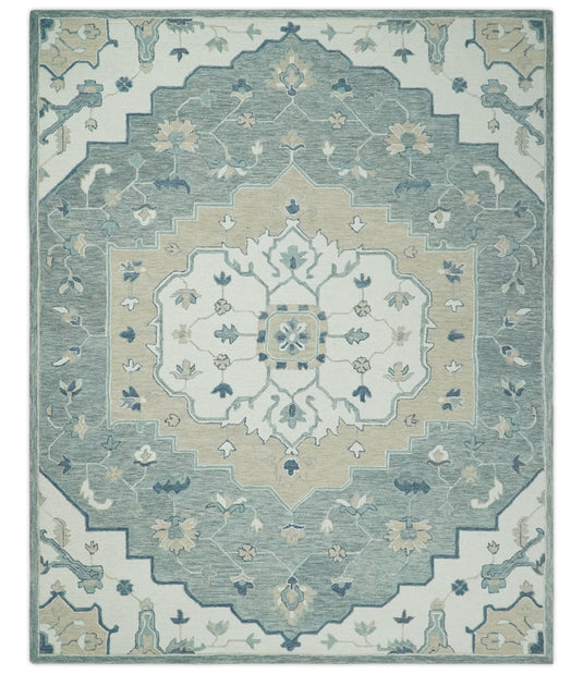 Traditional Medallion Gray And Ivory Hand Tufted Wool Area Rug- (FC)