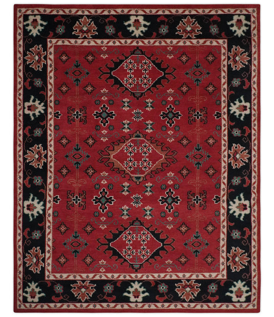 Custom Made Traditional Tribal Pattern Red and Black Hand Knotted wool Area Rug