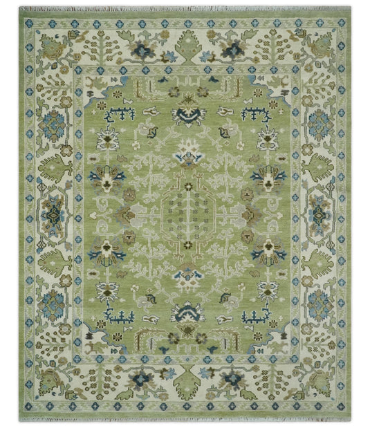 Traditional Turkish Antique Hand knotted Light Green, Ivory and Silver 8x10 and 10x14 ft Bedroom, Living Room Rug ,wool Area Rug