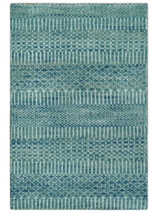 Blue And Off White Modern Geometrical Hand knotted Wool Rug 2x3 ft Ideal for Living, Bedroom And Dining Rooms