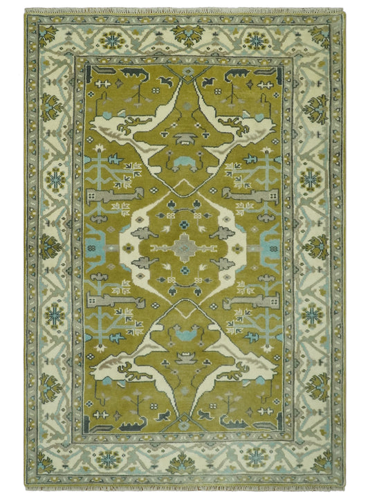 Hand Knotted Oriental Oushak Olive, Ivory, Gray And Blue Wool Rug 6x9 ft Ideal for Living, Bedroom And Dining Rooms | CP240269