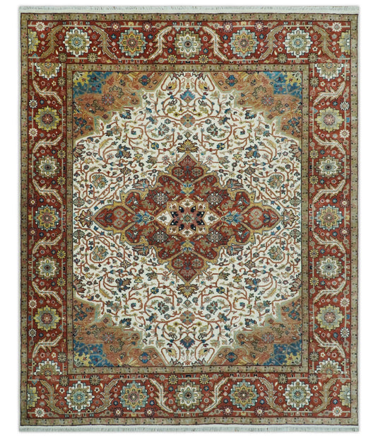 Hand Knotted Traditional Herati Ivory, Rust, Blue And Gold Wool Rug 8x10 ft Ideal for Living, Bedroom And Dining Rooms | CP2427810