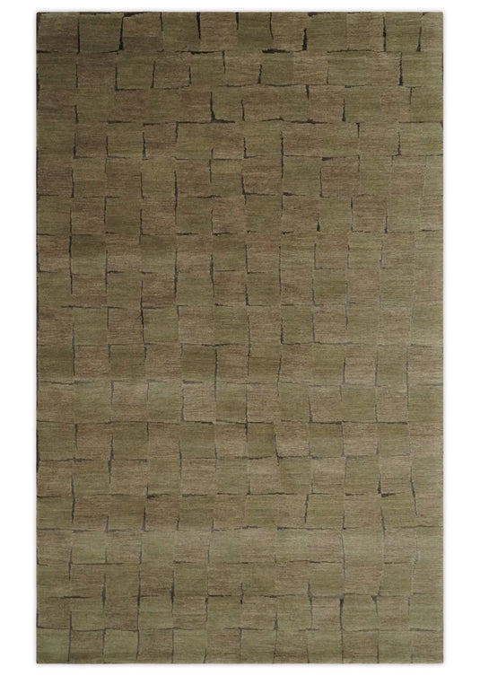Modern geometrical Hand Knotted Brown, Olive and Charcoal 5x8 ft Bedroom, Living Room Rug Wool and Art Silk Area Rug