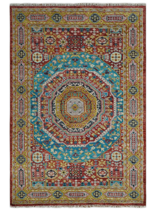 Traditional Persian Colorful Hand knotted Light Blue, Mustard and Red 6x9 ft Bedroom, Living Room Rug ,wool Area Rug