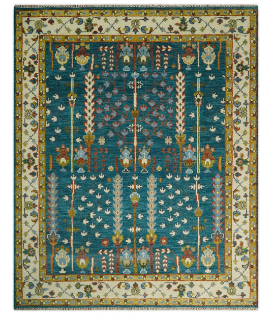 Teal and Ivory, Tree of Life Vintage Hand Knotted, Antique Turkish 5x8, 6x9, 8x10, 9x12, 10x14, 12x15 Wool Rug, Living Room | CP697S