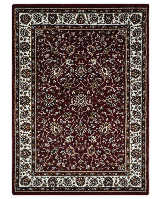 Traditional Floral Maroon, Ivory, Green And Gold Hand Woven 5x7 ft Bedroom, Living Room Rug Polyester Area Rug