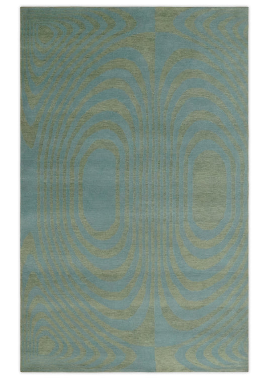 Modern geometrical Hand Knotted Olive and Blue 5x8 ft Bedroom, Living Room Rug Wool Area Rug