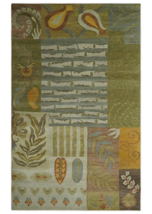 Floral Geometrical Hand Knotted Olive, Ivory, Brown and Teal 5x8 ft Bedroom, Living Room Rug Wool Area Rug