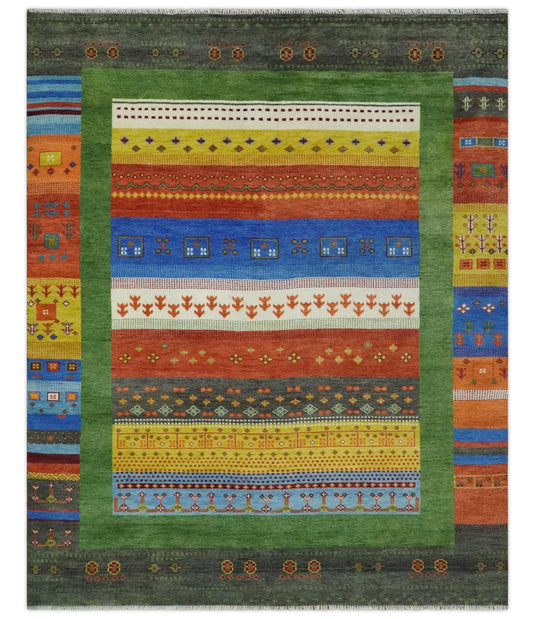 Green, Rust and Multicolored Hand knotted 8x10 Tribal Gabbeh Traditional Wool Area Rug