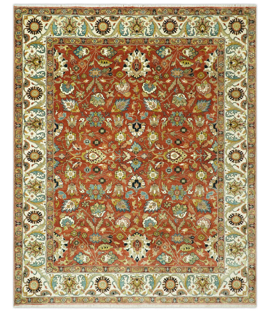 Hand Knotted Traditional Floral Rust, Beige, Blue And Ivory Wool Rug 8x10 ft Ideal for Living, Bedroom And Dining Rooms | CP2438810