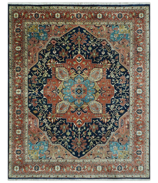 Hand Knotted Traditional Brown, Black, Blue And Olive Wool Rug 8x10 ft Ideal for Living, Bedroom And Dining Rooms | CP2443810