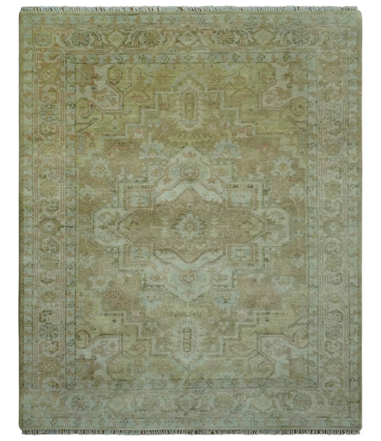 Hand Knotted Muted Green And Beige Traditional Design Wool Rug 8x10 ft Ideal for Living, Bedroom And Dining Rooms
