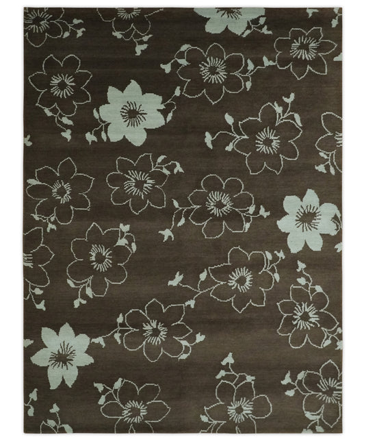 Floral Handloom Brown and Ivory 5.9x7.8 ft Bedroom, Living Room Rug Wool Area Rug