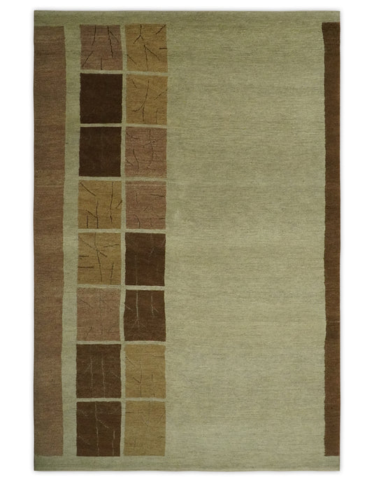 Modern Geometrical Hand knotted Olive, Brown and Beige 4x6 ft Bedroom, Living Room Rug Wool Area Rug