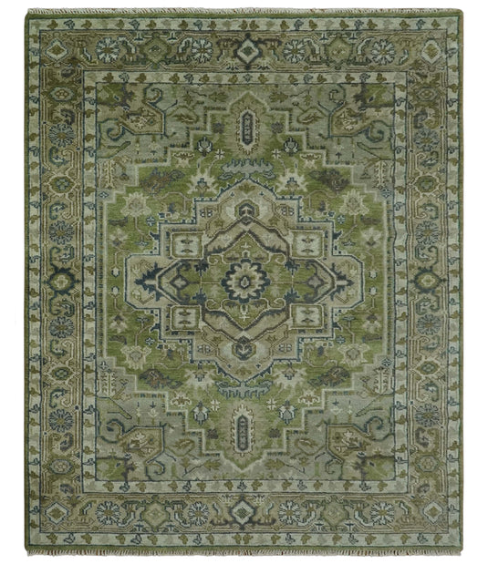 Custom Made Traditional Hand Knotted Green, Silver And Charcoal Wool Area Rug