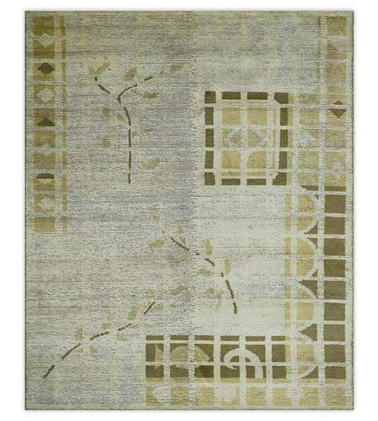 Modern Geometrical Floral Hand Knotted Olive and Ivory 4x6 ft Bedroom, Living Room Rug Wool and Art Silk Area Rug