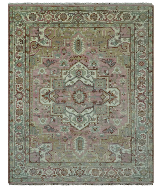 Traditional Heriz Pink, Olive And Ivory Hand Knotted Wool Rug 8x10 ft Ideal for Living, Bedroom And Dining Rooms