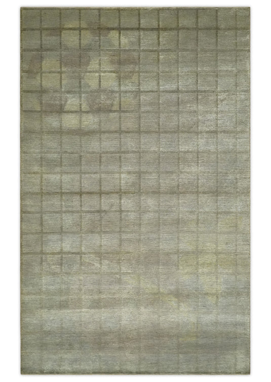 Modern Geometrical Hand Knotted Olive, Brown and Beige 5x8 ft Bedroom, Living Room Rug Wool and Art Silk Area Rug