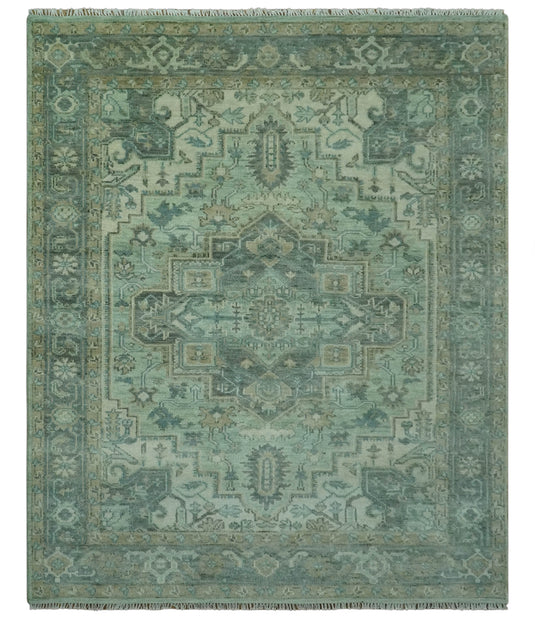 Traditional Heriz Green, Silver And Taupe Antique Style Hand Knotted Wool Rug 8x10 ft Ideal for Living, Bedroom And Dining Rooms