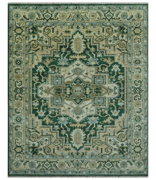 Green, Beige And Ivory Traditional Heriz Hand Knotted Wool Rug 8x10 ft Ideal for Living, Bedroom And Dining Rooms