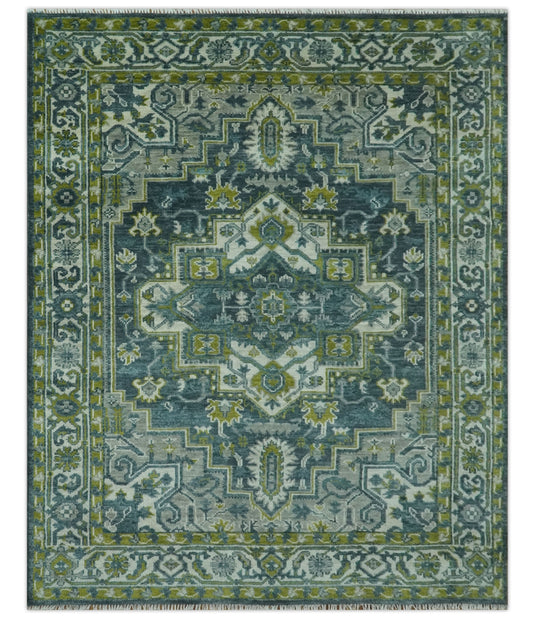 Antique Style Traditional Heriz Green and Gray Hand Knotted Wool Rug 8x10 ft Ideal for Living, Bedroom And Dining Rooms