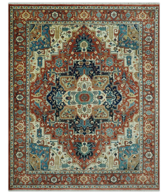 Hand Knotted Rust, Ivory And Teal Traditional Heriz Wool Rug 8x10 ft Ideal for Living, Bedroom And Dining Rooms