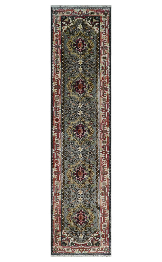 Hand Knotted Heriz Serapi Rug Grey and Ivory 2.6x12 ft Runner Ideal for Living, Bedroom, and Dining Rooms | CP18832612