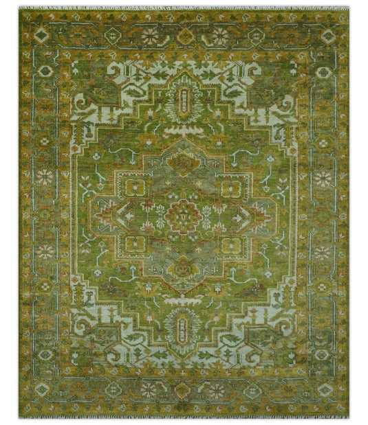 Custom Made Green, Gold And Silver Hand Knotted Traditional Heriz Wool Area Rug