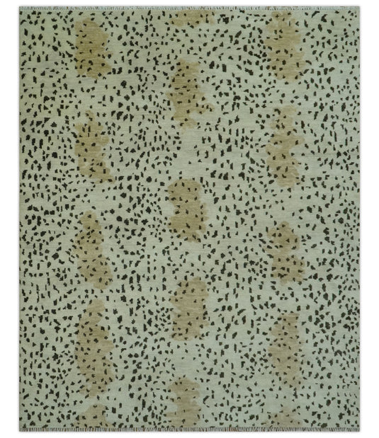 Leopard Print Ivory, Olive And Charcoal Hand Knotted 8x10 ft Wool Rug Ideal for Living, Bedroom And Dining Rooms