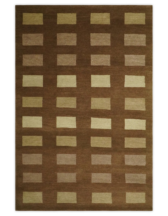 Modern Geometrical Pattern Hand Knotted Brown, Beige and Ivory 4x6 ft Bedroom, Living Room Rug Wool and Art Silk Area Rug