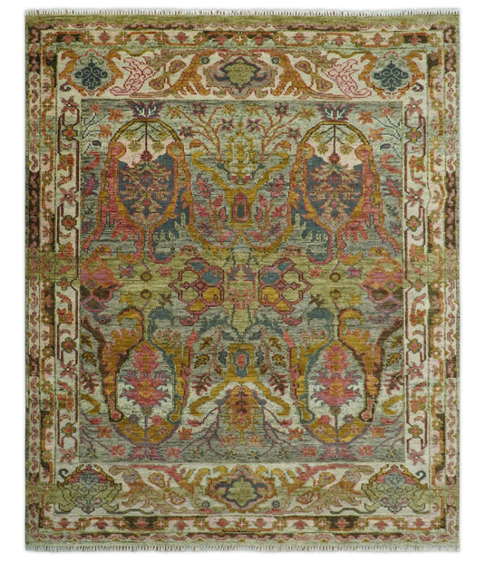 Green, Pink, Gold And Silver Traditional Hand Knotted 8x10 ft Wool Rug Ideal for Living, Bedroom And Dining Rooms