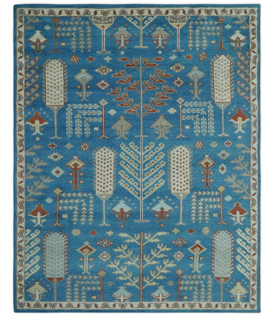 Tree Of Life Traditional Blue, Ivory, Gray and Rust Hand Knotted 8x10 ft wool Area Rug