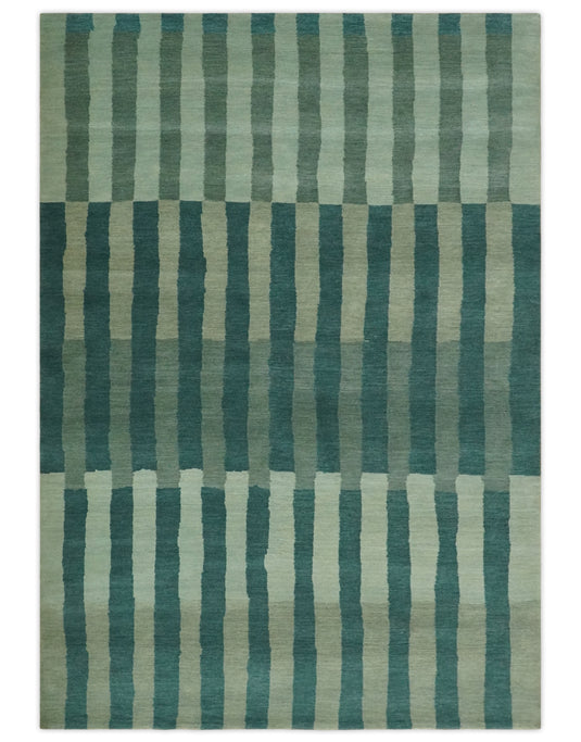Modern Geometrical Pattern Hand Knotted Teal, Gray and Ivory 5x8 ft Bedroom, Living Room Rug Wool Area Rug