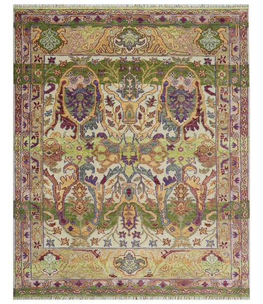 Transition Hand Knotted Green, Gold And Ivory 8x10 ft Wool Rug Ideal for Living, Bedroom And Dining Rooms
