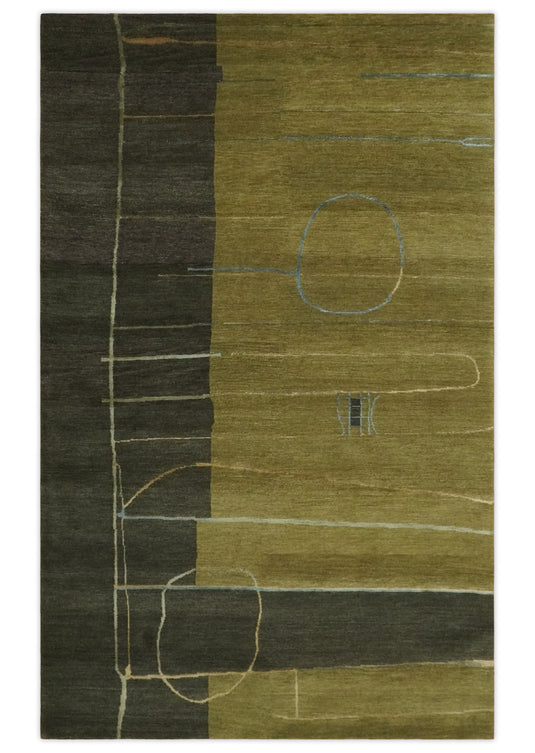 Modern Geometrical Hand Knotted Olive and Charcoal 5x8 ft Bedroom, Living Room Rug Wool and Viscose Area Rug