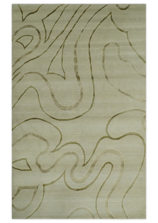 Swirl Pattern Hand Knotted Beige and Olive 5x8 ft Bedroom, Living Room Rug Wool and Art Silk Area Rug